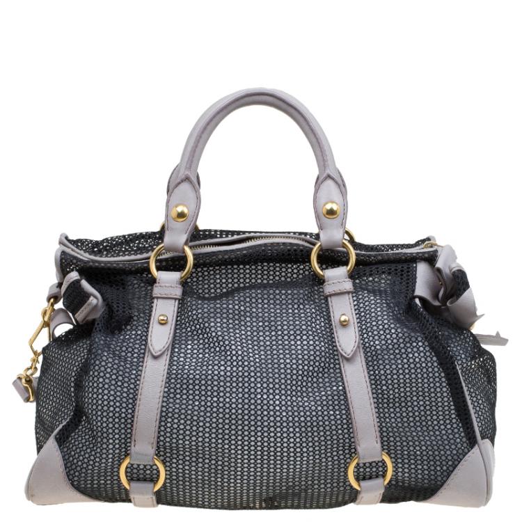 Pre Owned Miu Miu Black/Beige Mesh and Leather Top Handle Bag