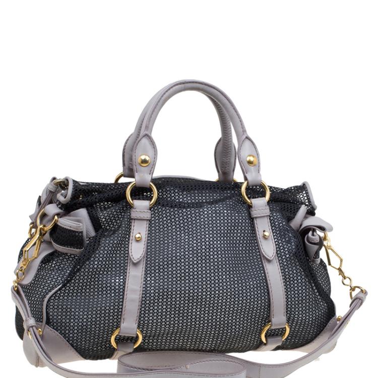 Pre Owned Miu Miu Black/Beige Mesh and Leather Top Handle Bag