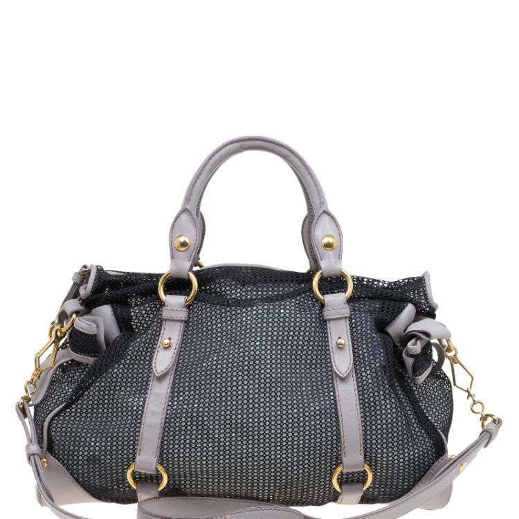 Pre Owned Miu Miu Black/Beige Mesh and Leather Top Handle Bag