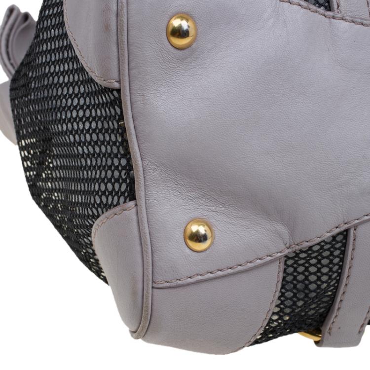 Pre Owned Miu Miu Black/Beige Mesh and Leather Top Handle Bag