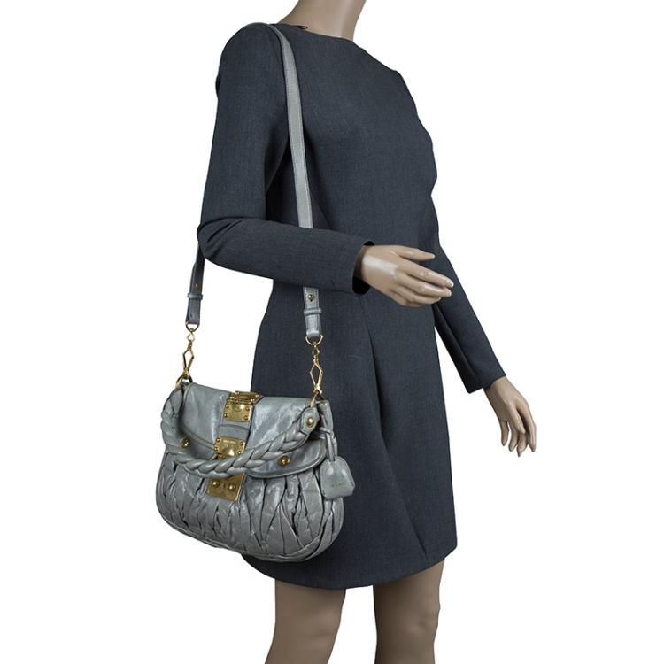 Pre Owned Miu Miu Light Green Matelasse Lux Leather Small Coffer Hobo