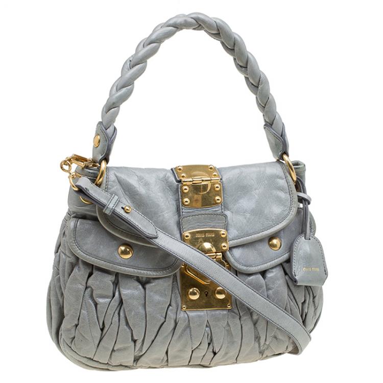 Pre Owned Miu Miu Light Green Matelasse Lux Leather Small Coffer Hobo