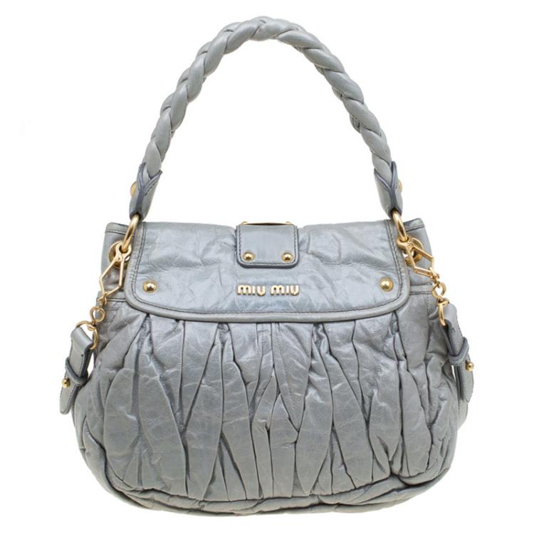 Pre Owned Miu Miu Light Green Matelasse Lux Leather Small Coffer Hobo