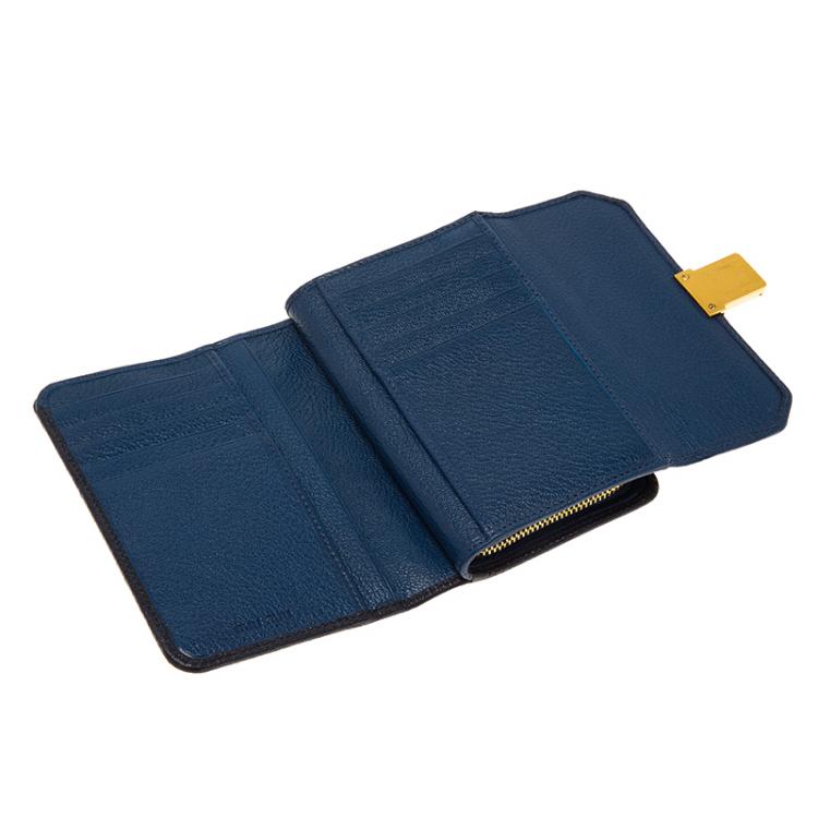 Pre Owned Miu Miu Blue Bi Color Madras Leather Compact Wallet