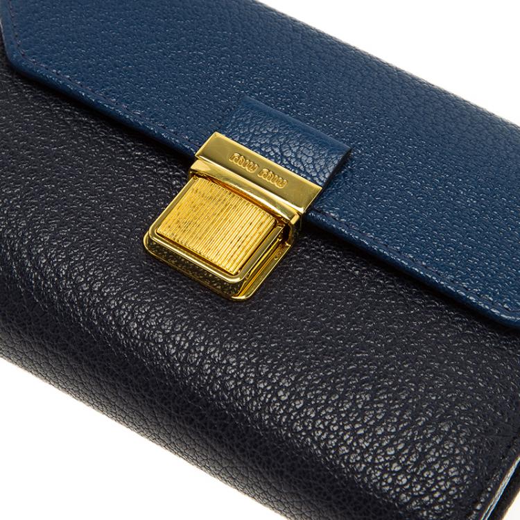 Pre Owned Miu Miu Blue Bi Color Madras Leather Compact Wallet