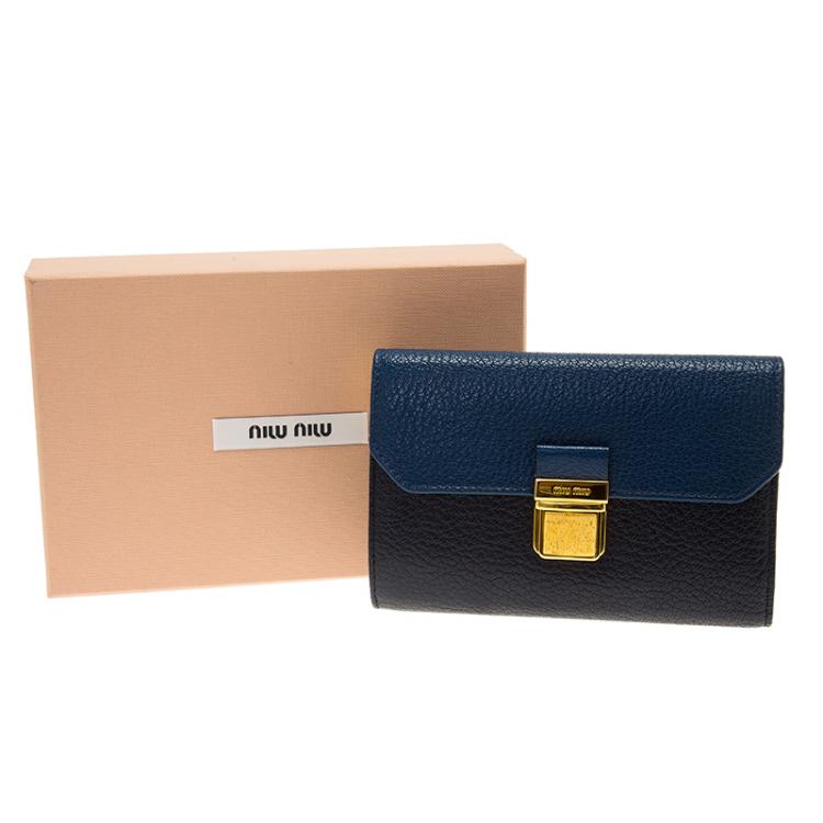 Pre Owned Miu Miu Blue Bi Color Madras Leather Compact Wallet