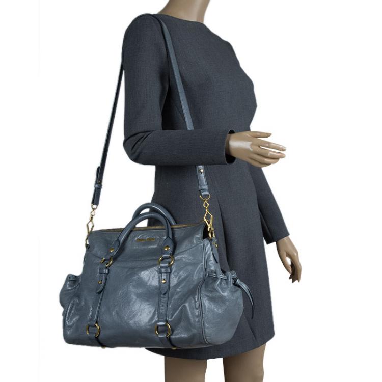 Pre Owned Miu Miu Blue Vitello Glazed Leather Bauletto Tote