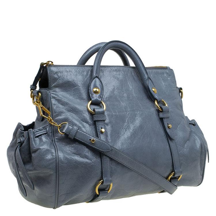 Pre Owned Miu Miu Blue Vitello Glazed Leather Bauletto Tote