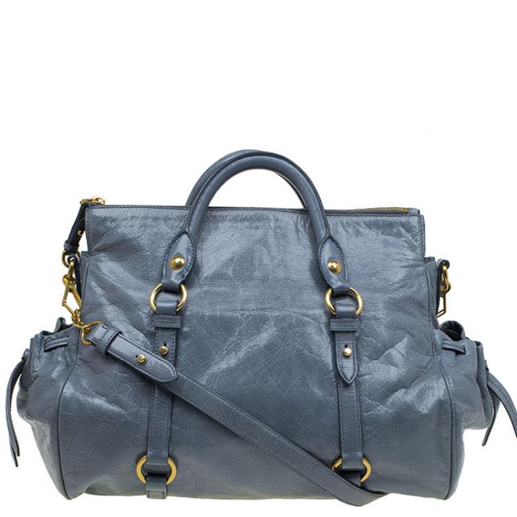 Pre Owned Miu Miu Blue Vitello Glazed Leather Bauletto Tote
