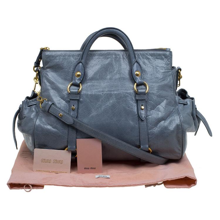 Pre Owned Miu Miu Blue Vitello Glazed Leather Bauletto Tote