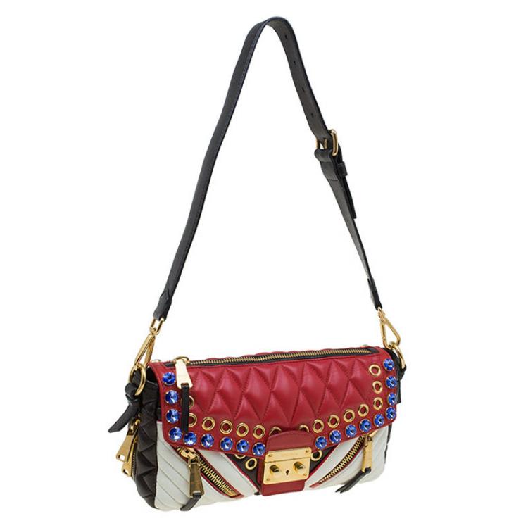Pre Owned Miu Miu Multicolor Leather Jewel Embellished Biker Shoulder Bag