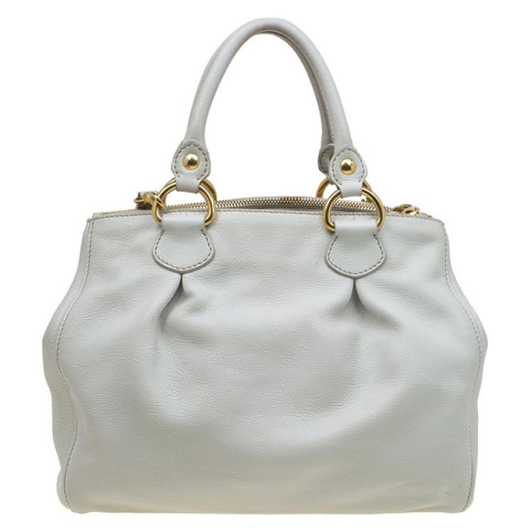 Pre Owned Miu Miu Off White Leather Double Zip Tote