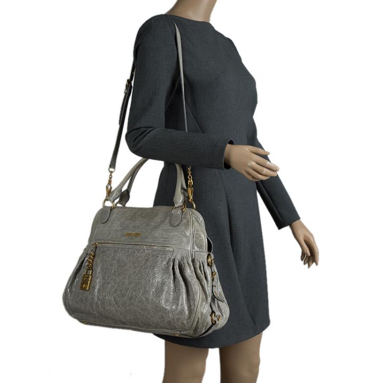 Pre Owned Miu Miu Light Green Leather Lily Distressed Satchel
