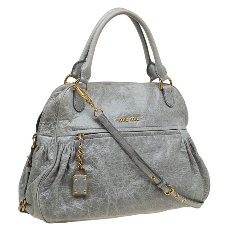 Pre Owned Miu Miu Light Green Leather Lily Distressed Satchel