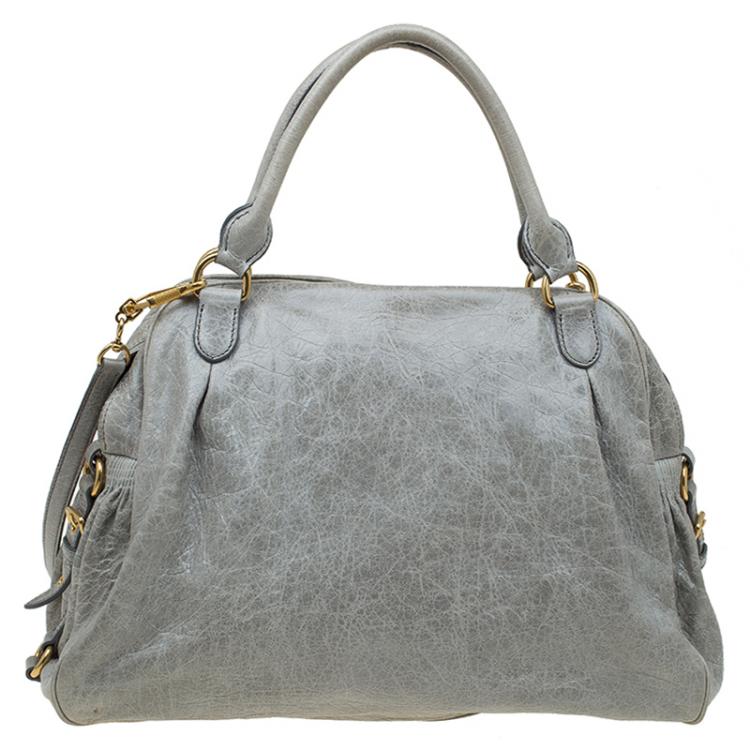 Pre Owned Miu Miu Light Green Leather Lily Distressed Satchel