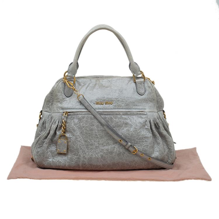 Pre Owned Miu Miu Light Green Leather Lily Distressed Satchel