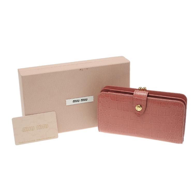 Pre Owned Miu Miu Coral Pink Croc Embossed Leather Long Wallet