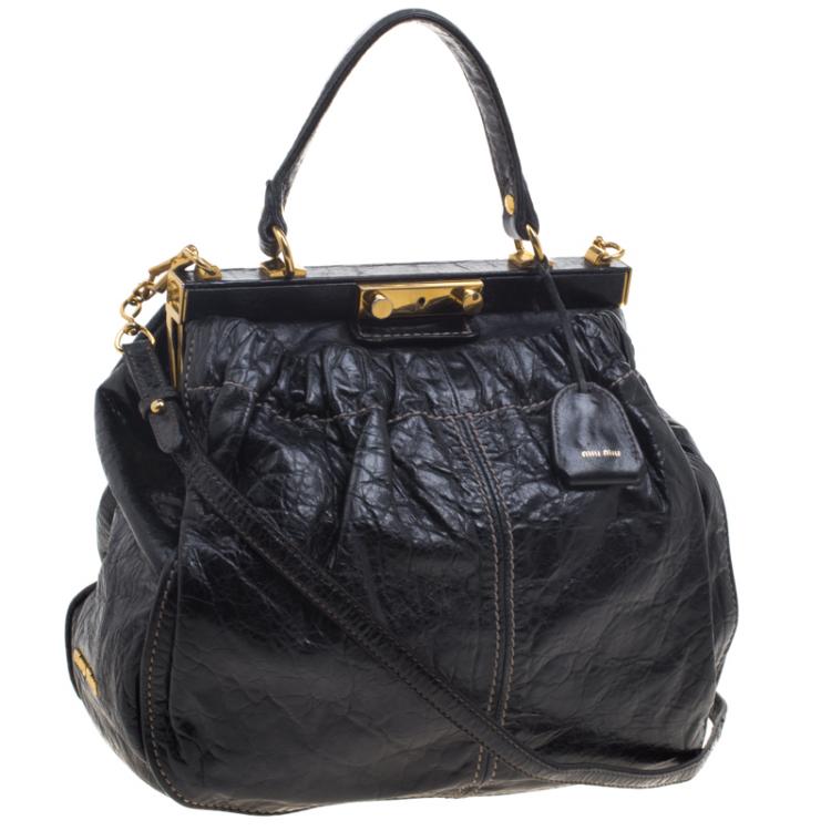 Pre Owned Miu Miu Black Vitello Lux Leather Frame Top Handle Bag