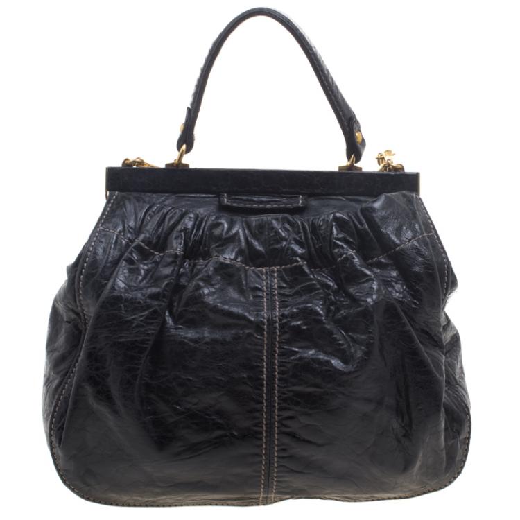 Pre Owned Miu Miu Black Vitello Lux Leather Frame Top Handle Bag