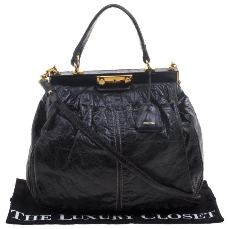 Pre Owned Miu Miu Black Vitello Lux Leather Frame Top Handle Bag