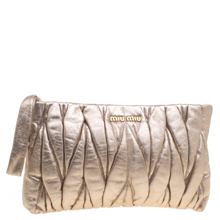 Pre Owned Miu Miu Gold Matelassé Leather Clutch