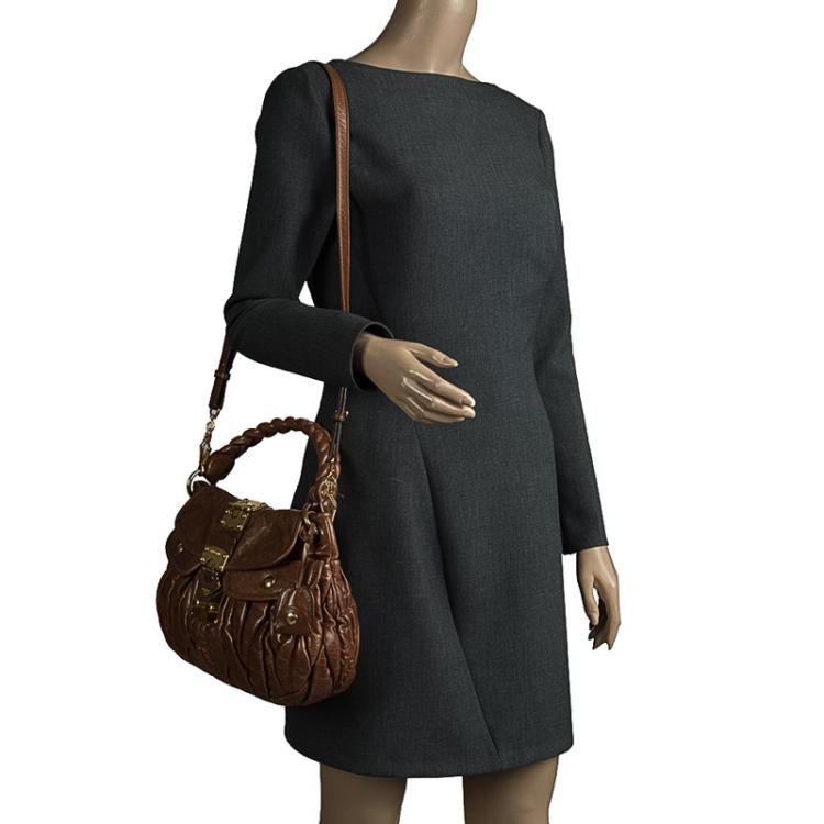 Pre Owned Miu Miu Brown Matelasse Lux Leather Small Coffer Hobo