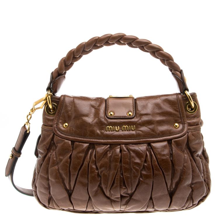 Pre Owned Miu Miu Brown Matelasse Lux Leather Small Coffer Hobo