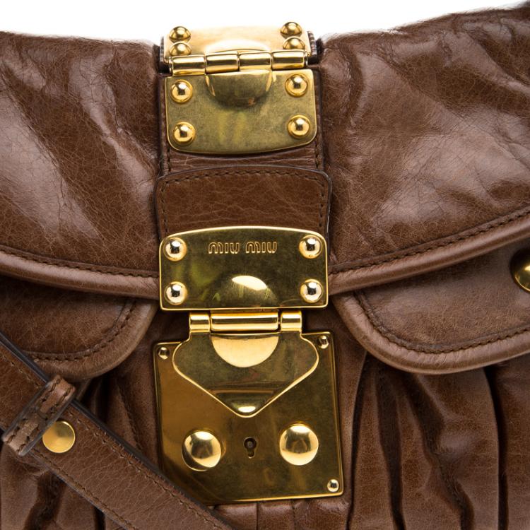 Pre Owned Miu Miu Brown Matelasse Lux Leather Small Coffer Hobo