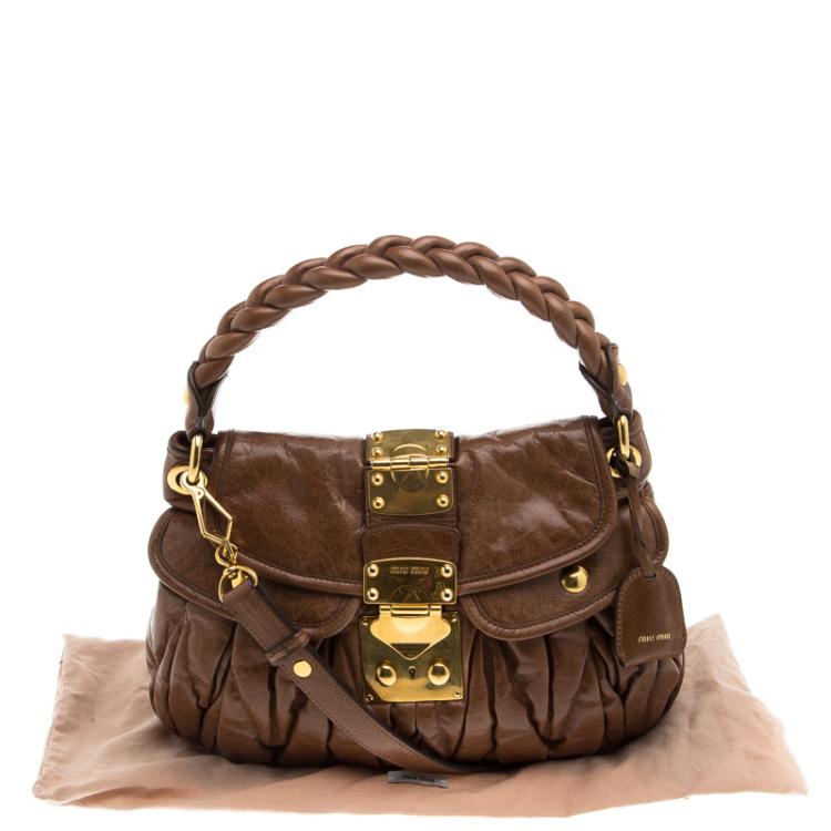 Pre Owned Miu Miu Brown Matelasse Lux Leather Small Coffer Hobo
