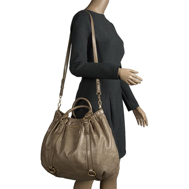 Pre Owned Miu Miu Beige Luxe Ruched Leather Hobo