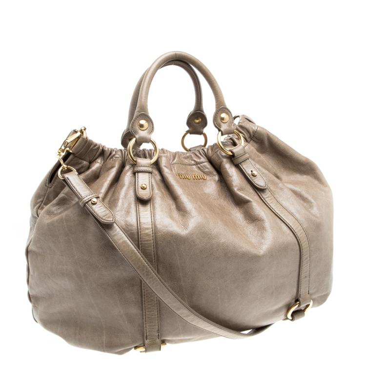 Pre Owned Miu Miu Beige Luxe Ruched Leather Hobo