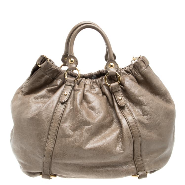 Pre Owned Miu Miu Beige Luxe Ruched Leather Hobo