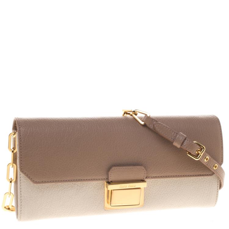 Pre Owned Miu Miu Off White/ Beige Leather Chain Clutch Bag