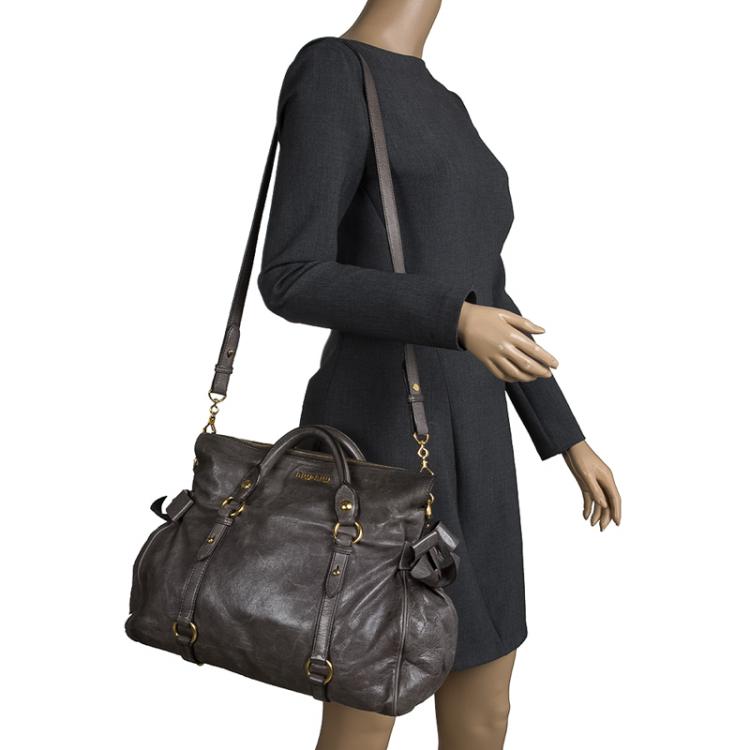 Pre Owned Miu Miu Grey Leather Bow Tote