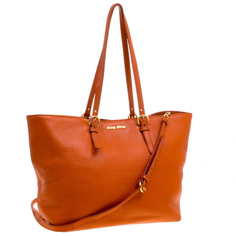 Pre Owned Miu Miu Orange Leather Convertible Tote