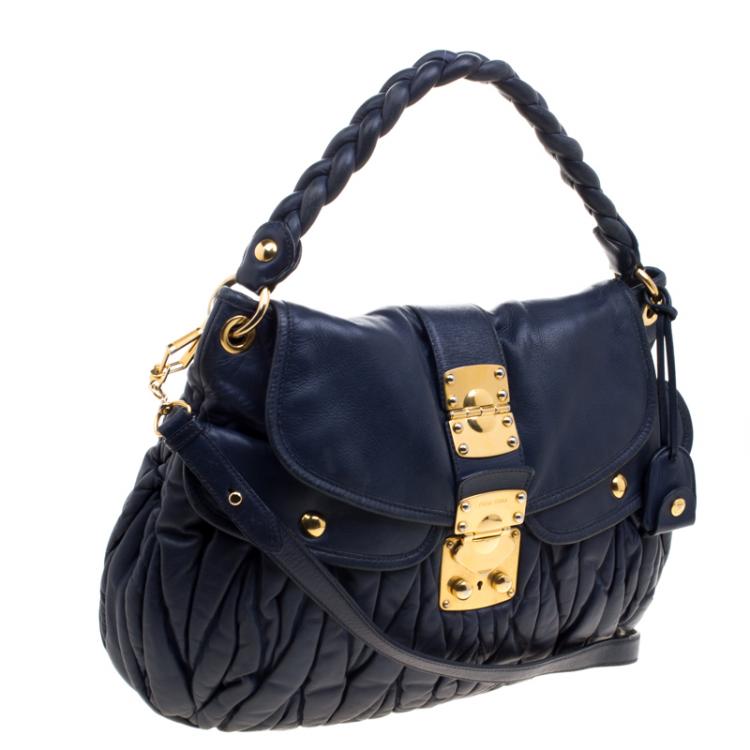 Pre Owned Miu Miu Navy Blue Matelasse Lux Leather Coffer Hobo