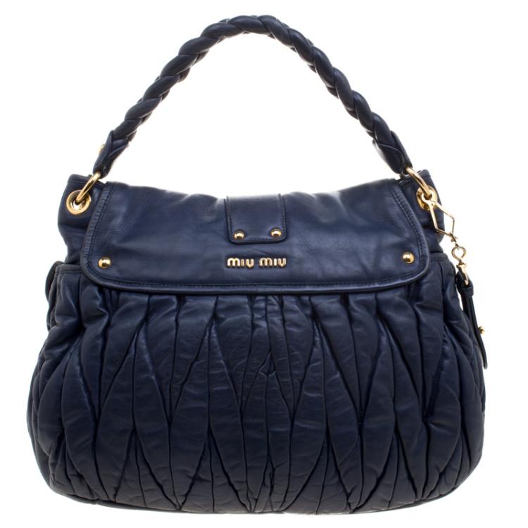 Pre Owned Miu Miu Navy Blue Matelasse Lux Leather Coffer Hobo