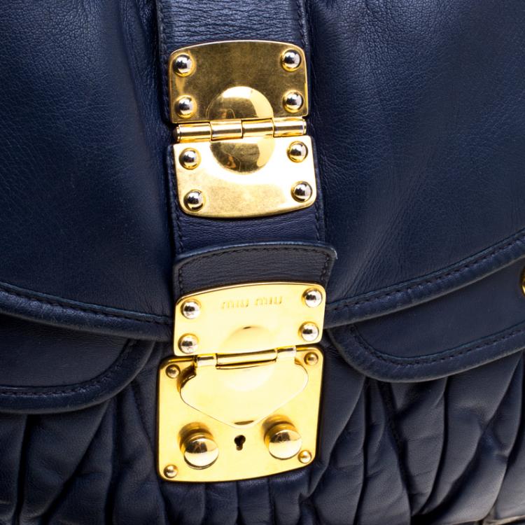 Pre Owned Miu Miu Navy Blue Matelasse Lux Leather Coffer Hobo