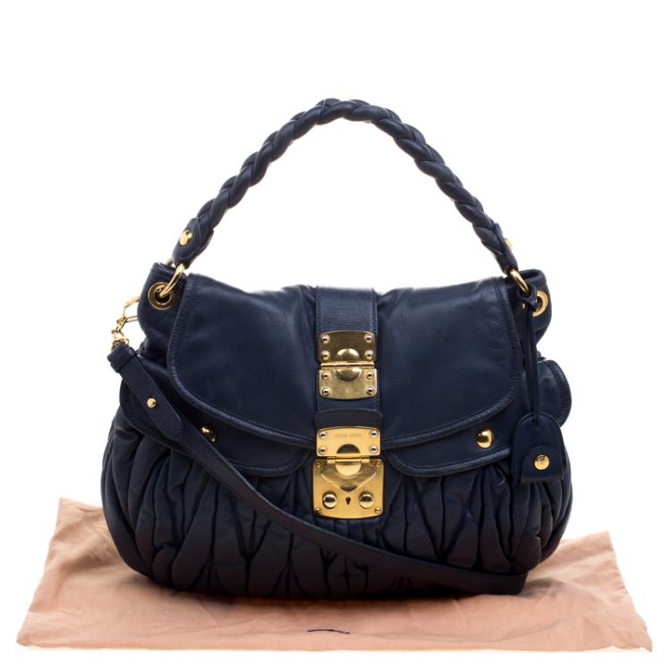 Pre Owned Miu Miu Navy Blue Matelasse Lux Leather Coffer Hobo