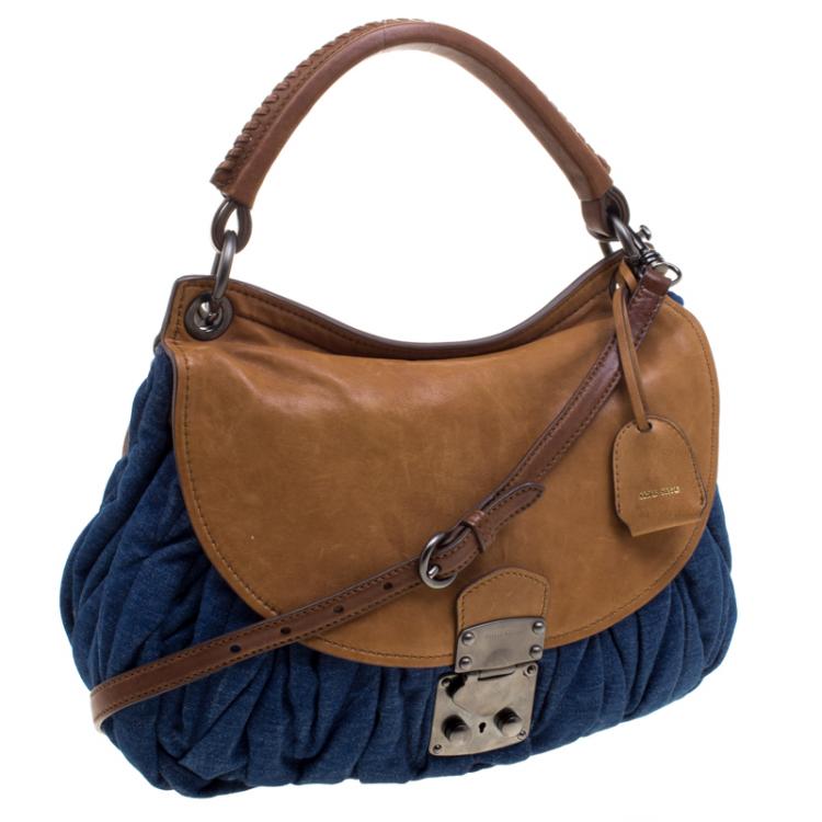 Pre Owned Miu Miu Blue/Brown Matelasse Denim and Leather Hobo