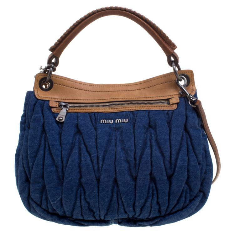 Pre Owned Miu Miu Blue/Brown Matelasse Denim and Leather Hobo