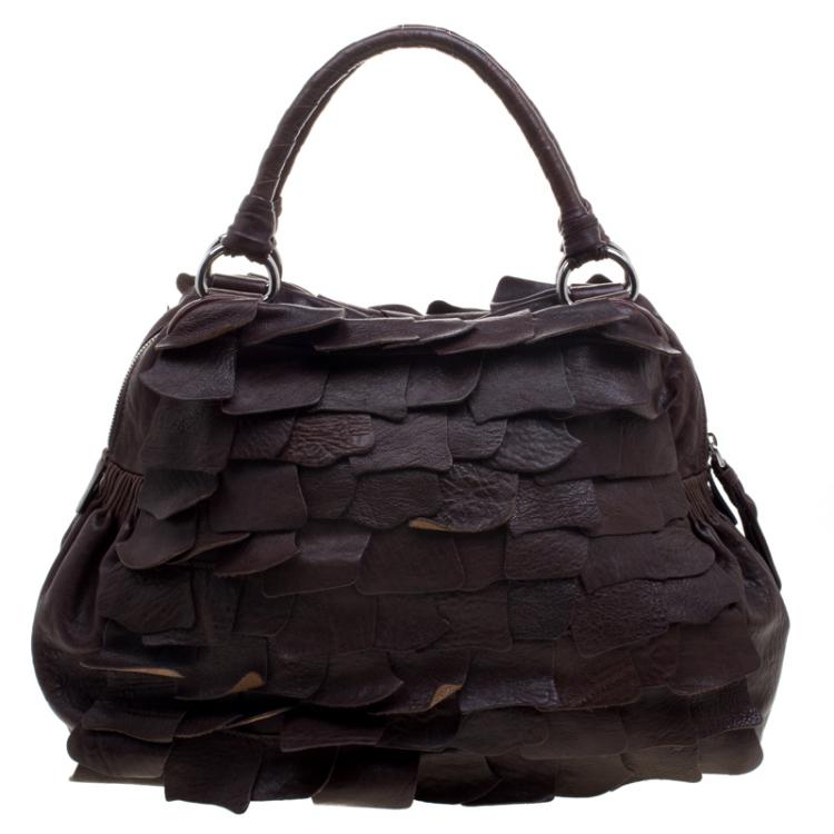 Pre Owned Miu Miu Brown Ruffled Leather Satchel