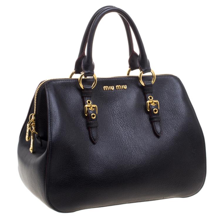 Pre Owned Miu Miu Black Leather Madras Bowling Bag