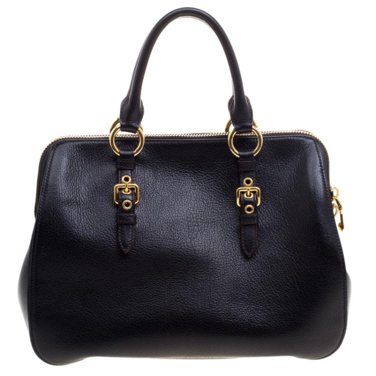 Pre Owned Miu Miu Black Leather Madras Bowling Bag