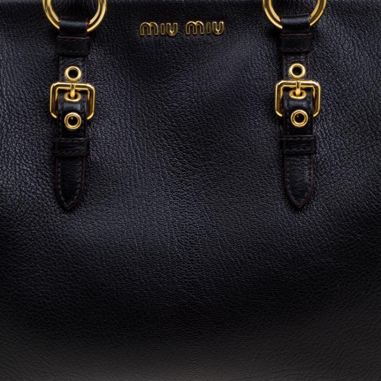 Pre Owned Miu Miu Black Leather Madras Bowling Bag