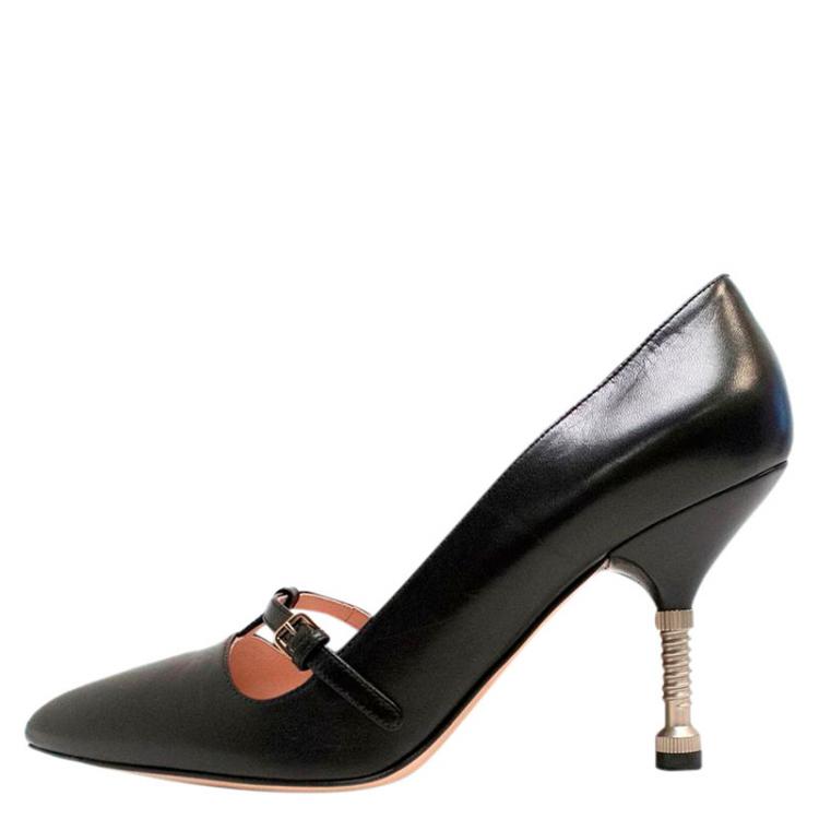 Pre Owned Miu Miu Black Leather T-Strap Pumps Size 39.5