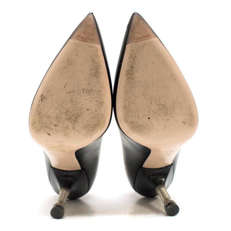 Pre Owned Miu Miu Black Leather T-Strap Pumps Size 39.5