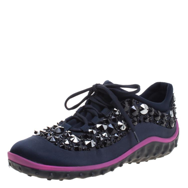 Pre Owned Miu Miu Blue Embellished Satin Astro Sneakers Size 38