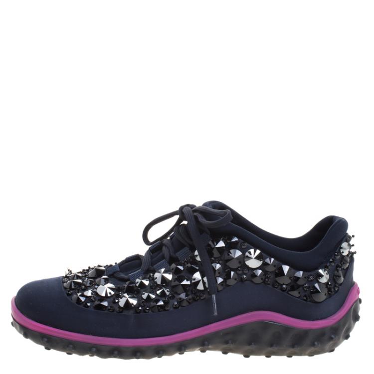 Pre Owned Miu Miu Blue Embellished Satin Astro Sneakers Size 38