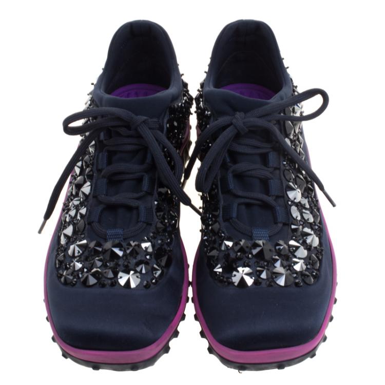 Pre Owned Miu Miu Blue Embellished Satin Astro Sneakers Size 38